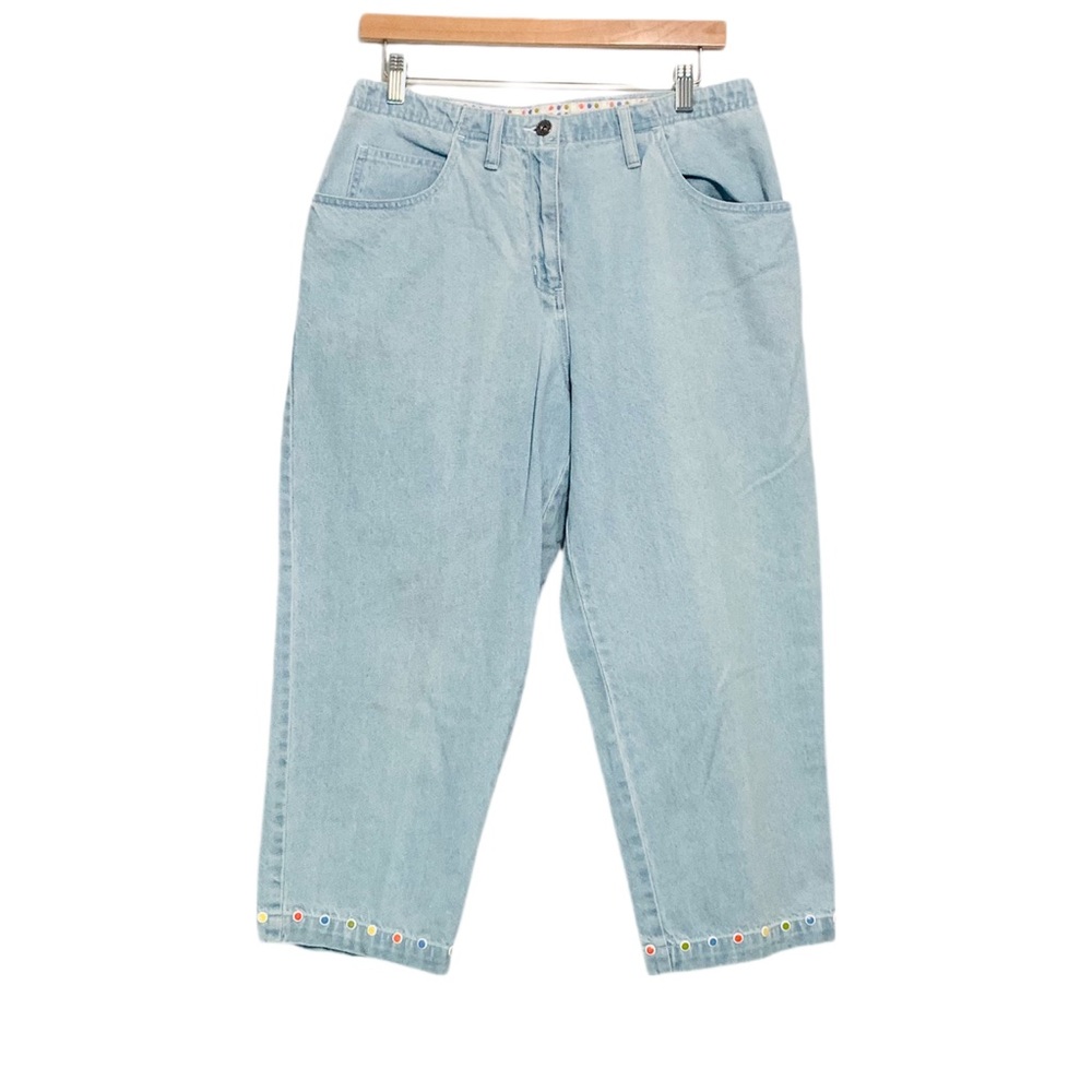 Vintage High Rise Stone Washed Mom Jeans Cropped w/ Colorful Hem Size 10